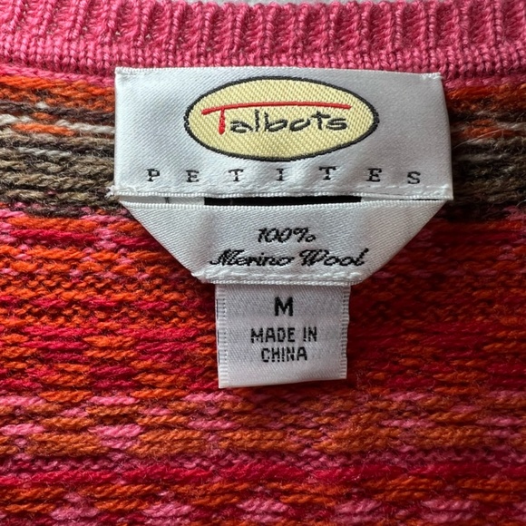 Talbots Women's Fair Isle Merino Wool V-Neck Sweater Red Pink Size Medium Petite - Picture 3 of 11